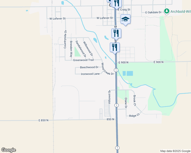 map of restaurants, bars, coffee shops, grocery stores, and more near Ironwood Lane in Ossian
