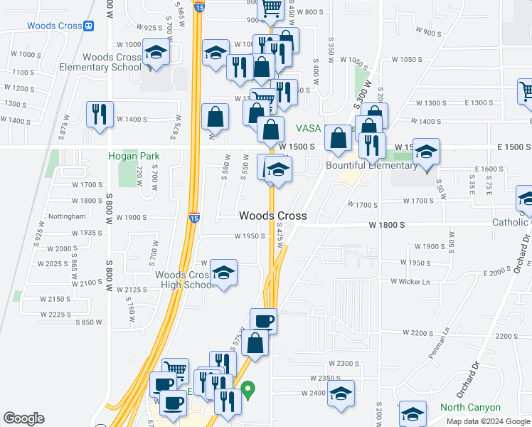 map of restaurants, bars, coffee shops, grocery stores, and more near 1868 South 500 West in Woods Cross