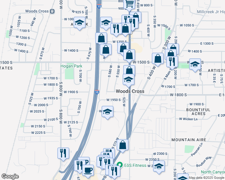 map of restaurants, bars, coffee shops, grocery stores, and more near 556 West 1880 South in Woods Cross