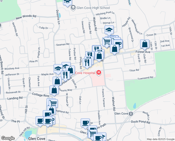 map of restaurants, bars, coffee shops, grocery stores, and more near 64 Forest Avenue in Glen Cove