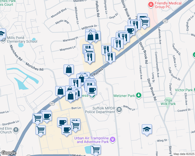 map of restaurants, bars, coffee shops, grocery stores, and more near 184 Hallock Road in Lake Grove