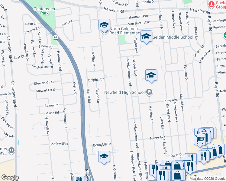 map of restaurants, bars, coffee shops, grocery stores, and more near 134 Smithtown Polk Boulevard in Centereach