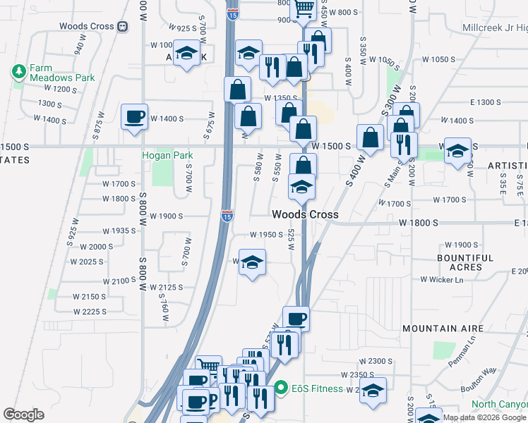 map of restaurants, bars, coffee shops, grocery stores, and more near 556 West 1880 South in Woods Cross