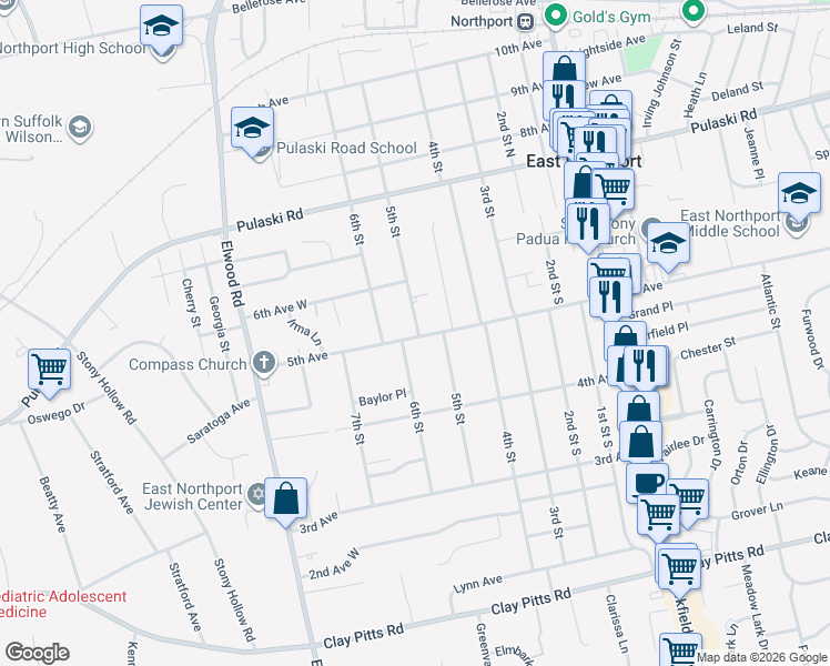 map of restaurants, bars, coffee shops, grocery stores, and more near 422 5th Avenue in East Northport