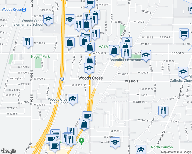 map of restaurants, bars, coffee shops, grocery stores, and more near 1854 South 440 West in Woods Cross