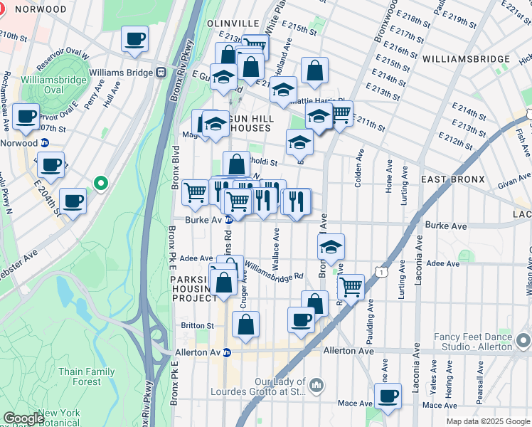 map of restaurants, bars, coffee shops, grocery stores, and more near 766 South Oak Drive in Bronx