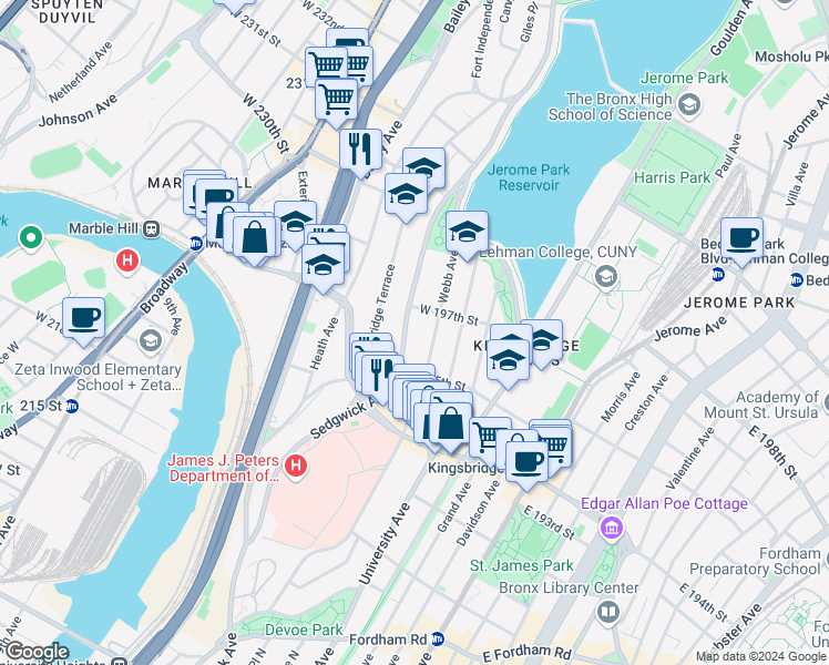 map of restaurants, bars, coffee shops, grocery stores, and more near 2792 Sedgwick Avenue in The Bronx