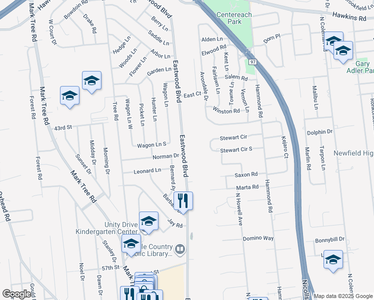 map of restaurants, bars, coffee shops, grocery stores, and more near 226 Eastwood Boulevard in Centereach