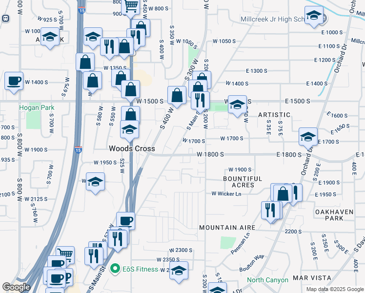 map of restaurants, bars, coffee shops, grocery stores, and more near 1705 South Main Street in Bountiful