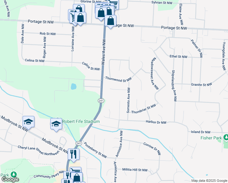 map of restaurants, bars, coffee shops, grocery stores, and more near 6926 Mapleridge Circle Northwest in Canton
