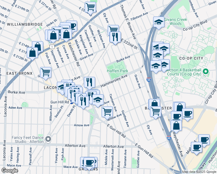 map of restaurants, bars, coffee shops, grocery stores, and more near 3060 Tiemann Avenue in Bronx