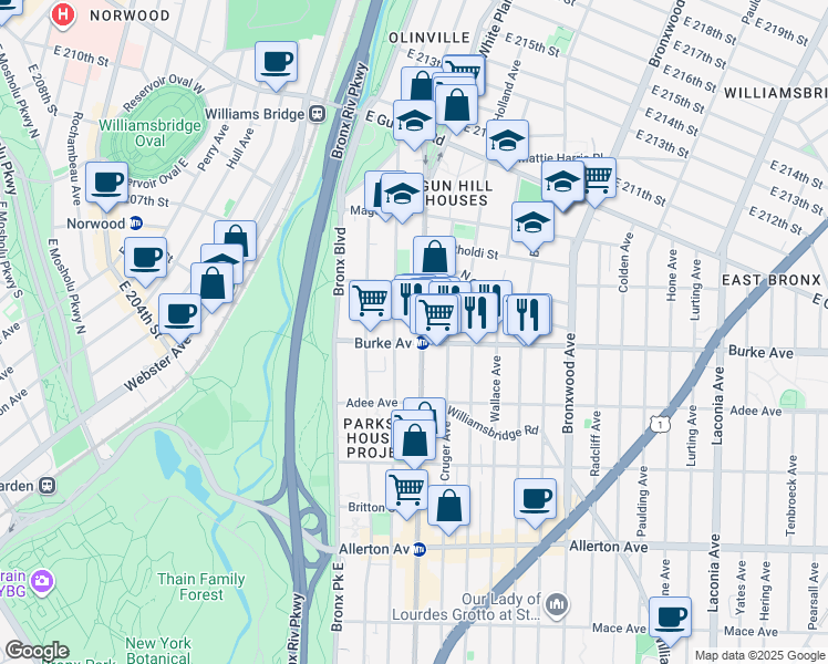 map of restaurants, bars, coffee shops, grocery stores, and more near 3225 White Plains Road in Bronx