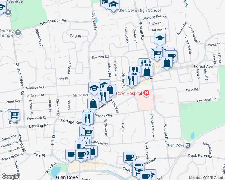 map of restaurants, bars, coffee shops, grocery stores, and more near 39 Forest Avenue in Glen Cove