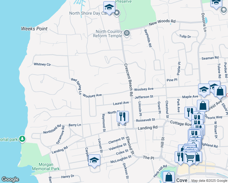 map of restaurants, bars, coffee shops, grocery stores, and more near 126 Woolsey Avenue in Glen Cove