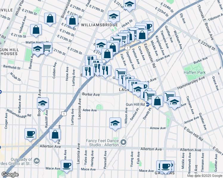 map of restaurants, bars, coffee shops, grocery stores, and more near in The Bronx