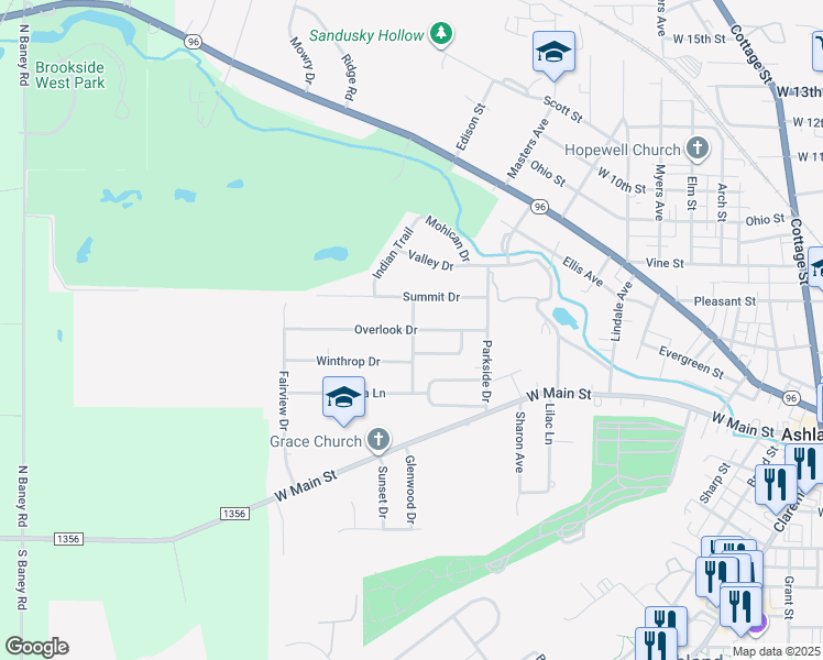 map of restaurants, bars, coffee shops, grocery stores, and more near 1001 Overlook Drive in Ashland