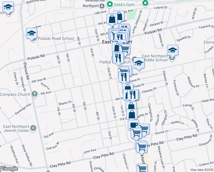 map of restaurants, bars, coffee shops, grocery stores, and more near 427 2nd Street in East Northport