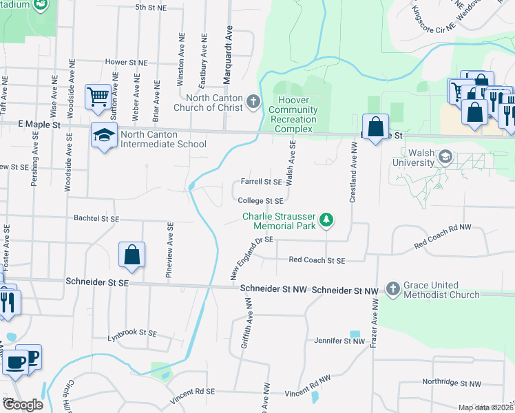 map of restaurants, bars, coffee shops, grocery stores, and more near 1352 College Street Southeast in North Canton
