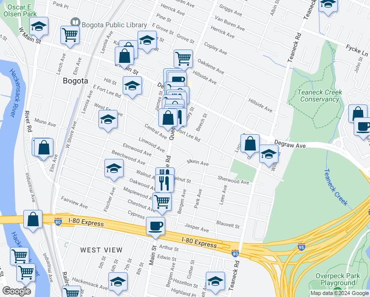 map of restaurants, bars, coffee shops, grocery stores, and more near 191 Henry Street in Teaneck