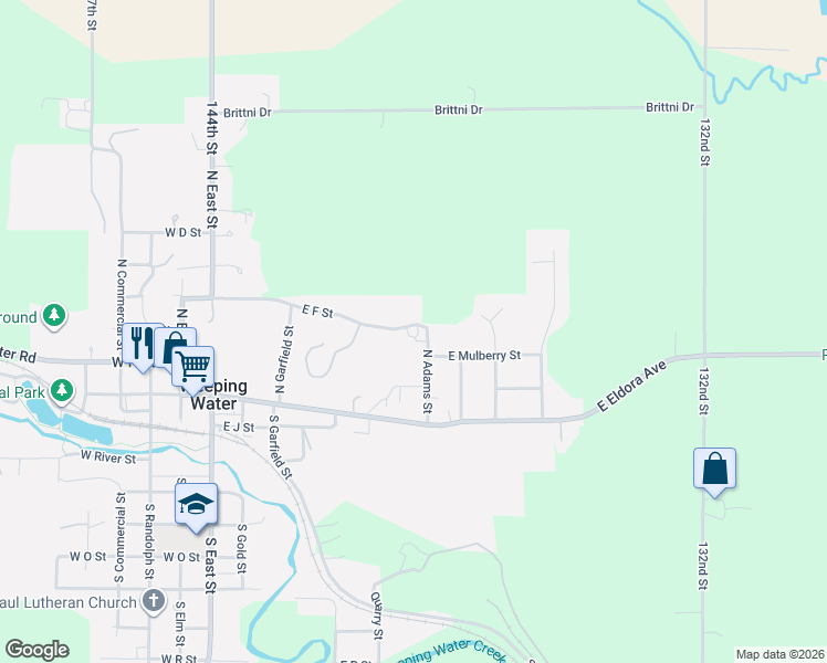 map of restaurants, bars, coffee shops, grocery stores, and more near 306 North Adams Street in Weeping Water