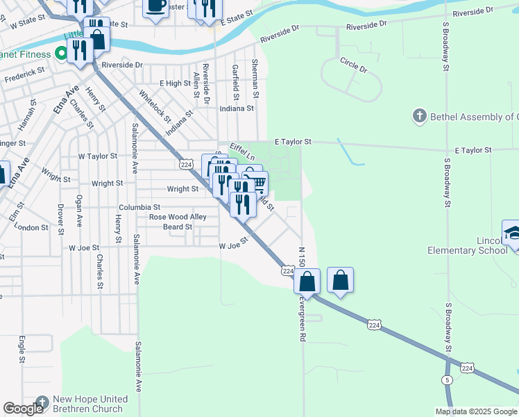 map of restaurants, bars, coffee shops, grocery stores, and more near 1245 South Jefferson Street in Huntington