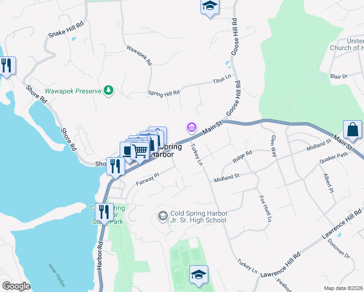 map of restaurants, bars, coffee shops, grocery stores, and more near 196 New York 25A in Cold Spring Harbor