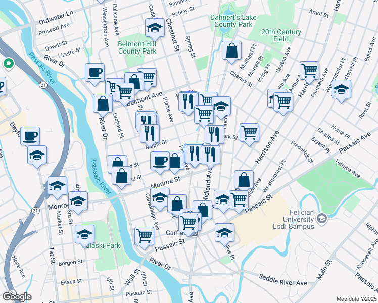 map of restaurants, bars, coffee shops, grocery stores, and more near 100 Pierre Avenue in Garfield