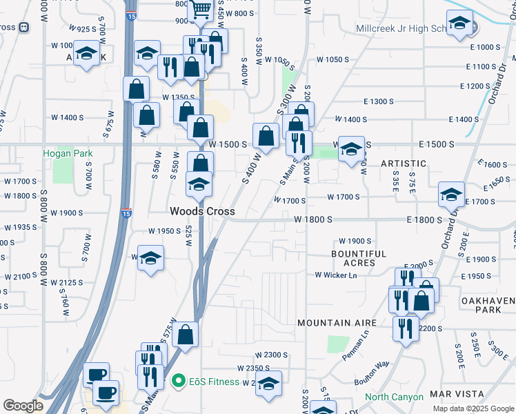 map of restaurants, bars, coffee shops, grocery stores, and more near 1705 South Main Street in Bountiful