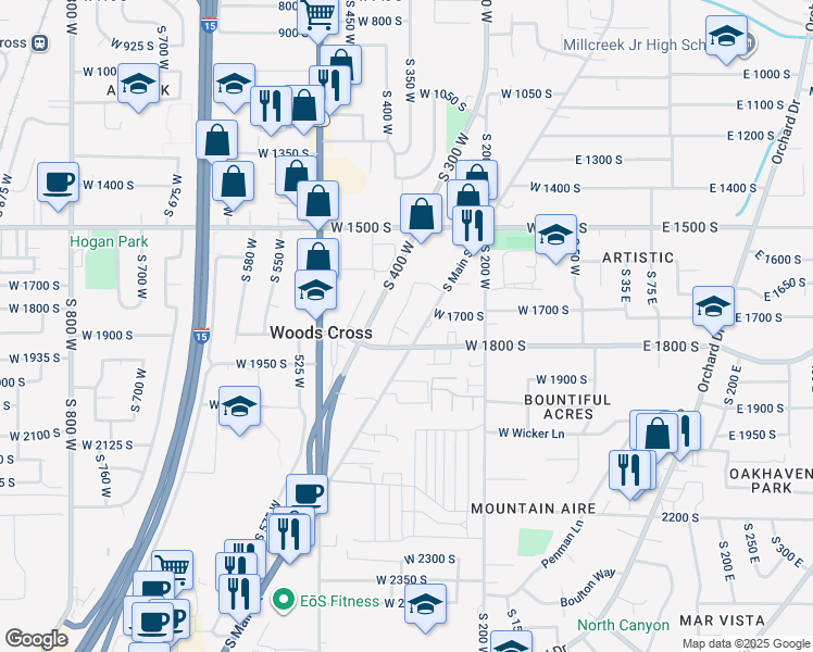 map of restaurants, bars, coffee shops, grocery stores, and more near 1852 South 400 West in Bountiful
