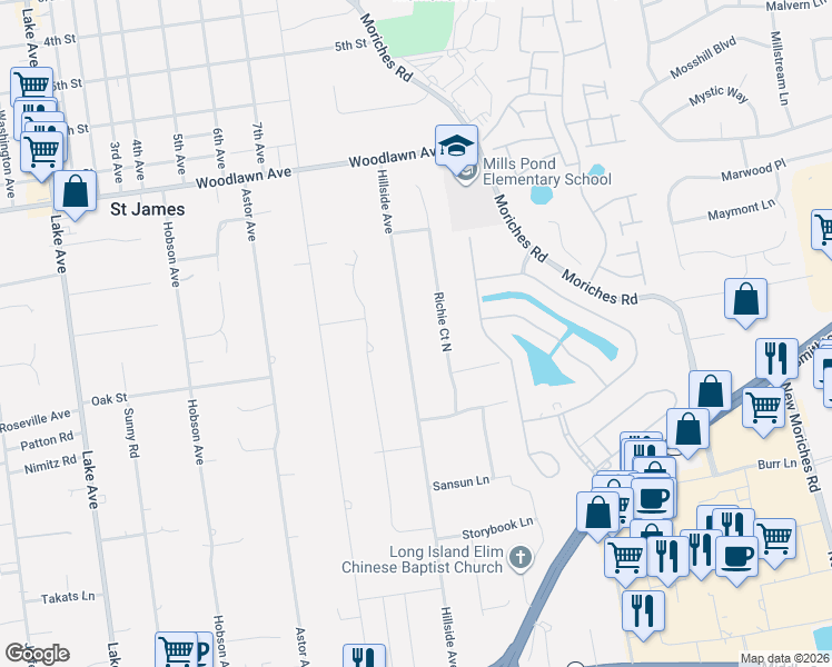 map of restaurants, bars, coffee shops, grocery stores, and more near 34 Hillside Avenue in Saint James