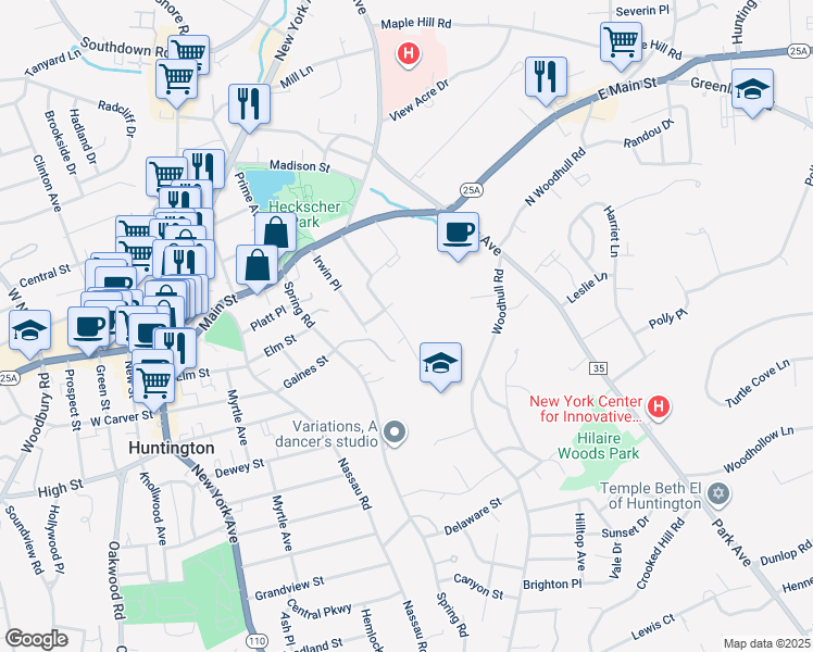 map of restaurants, bars, coffee shops, grocery stores, and more near 102 Jackson Avenue in Huntington