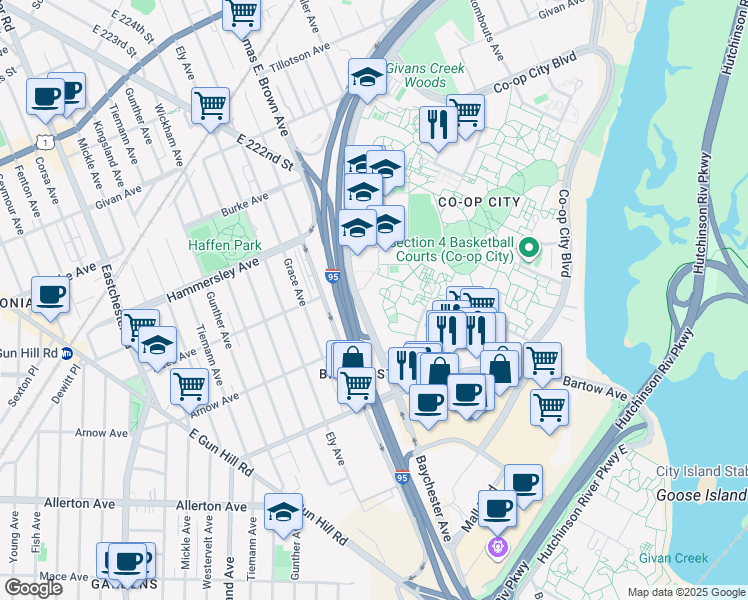 map of restaurants, bars, coffee shops, grocery stores, and more near 620 Baychester Avenue in The Bronx