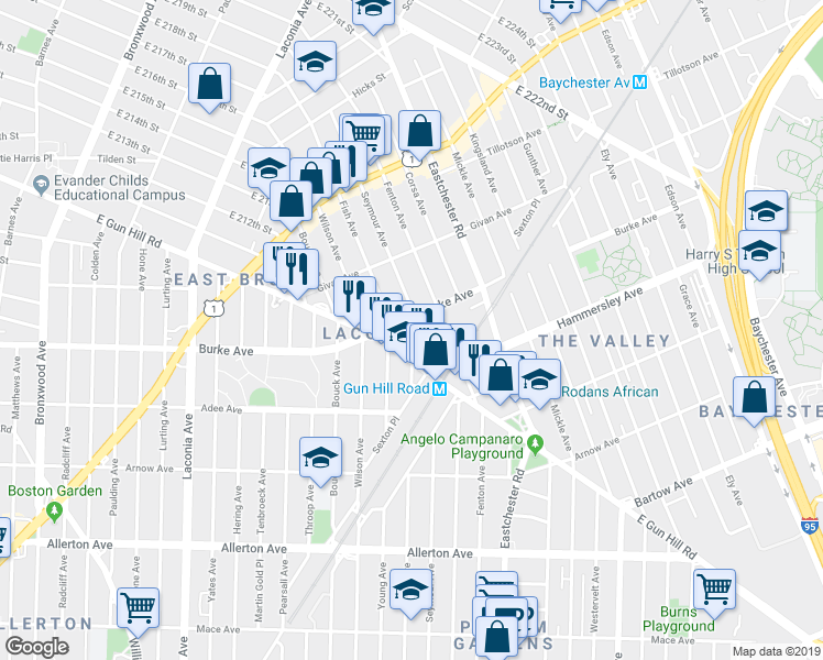 map of restaurants, bars, coffee shops, grocery stores, and more near 3152 Seymour Avenue in Bronx