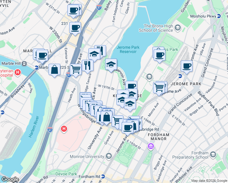 map of restaurants, bars, coffee shops, grocery stores, and more near in The Bronx