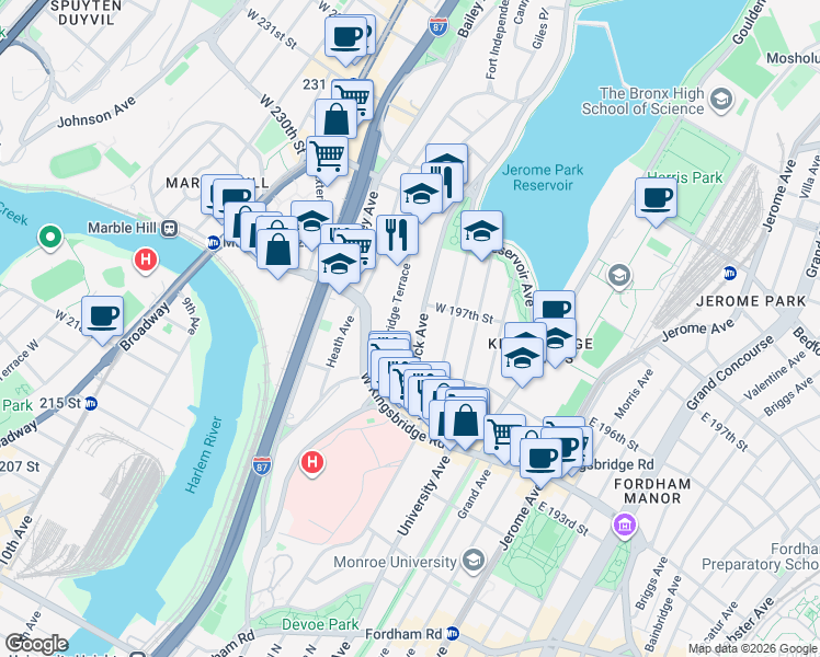 map of restaurants, bars, coffee shops, grocery stores, and more near 2796 Sedgwick Avenue in Bronx