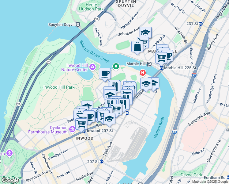 map of restaurants, bars, coffee shops, grocery stores, and more near 91 Park Terrace West in New York