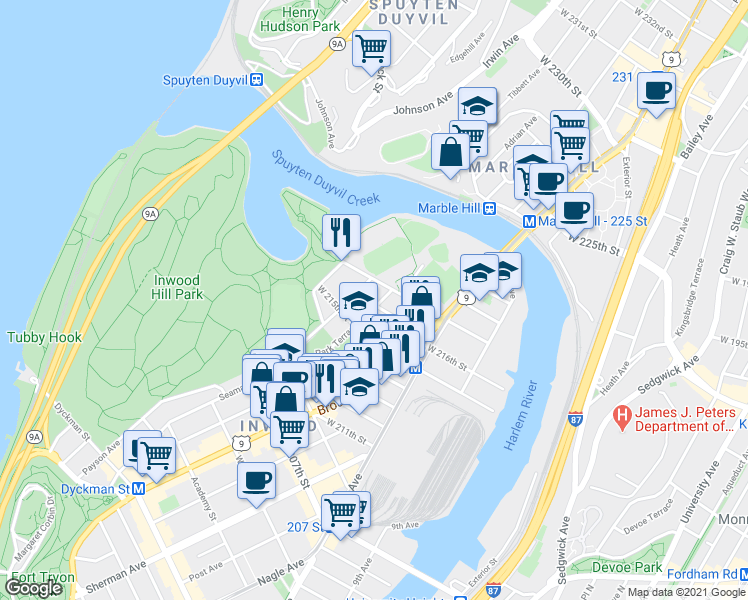 map of restaurants, bars, coffee shops, grocery stores, and more near 91 Park Terrace West in New York