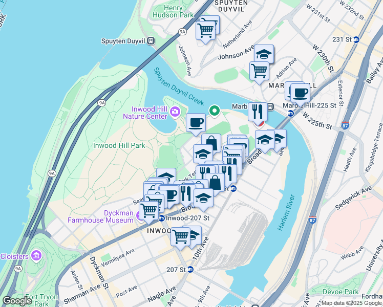 map of restaurants, bars, coffee shops, grocery stores, and more near 244 Seaman Avenue in New York