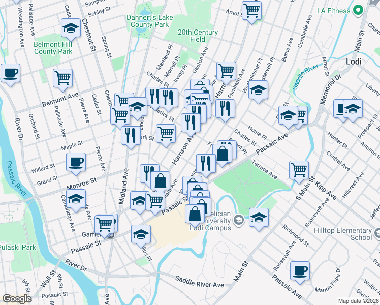 map of restaurants, bars, coffee shops, grocery stores, and more near 135 Farnham Avenue in Garfield