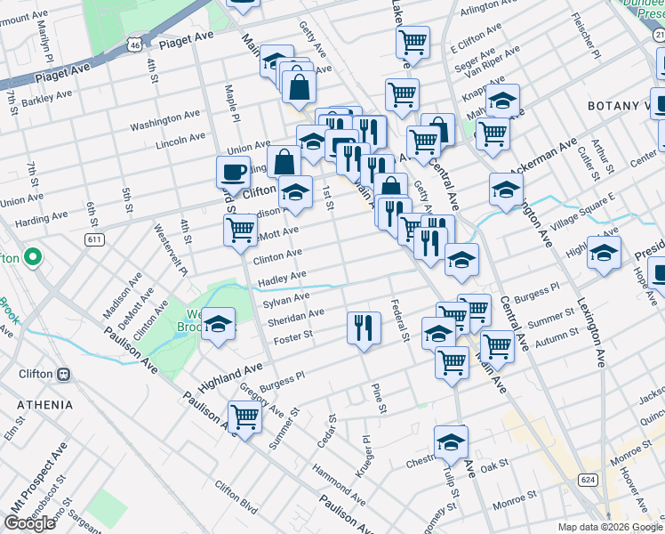 map of restaurants, bars, coffee shops, grocery stores, and more near 114 Hadley Avenue in Clifton