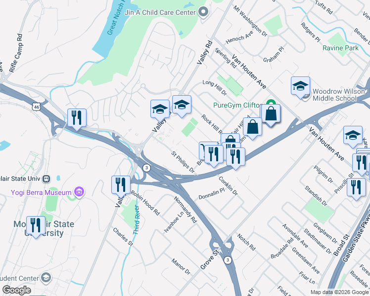 map of restaurants, bars, coffee shops, grocery stores, and more near 74 Melody Hill Road in Clifton