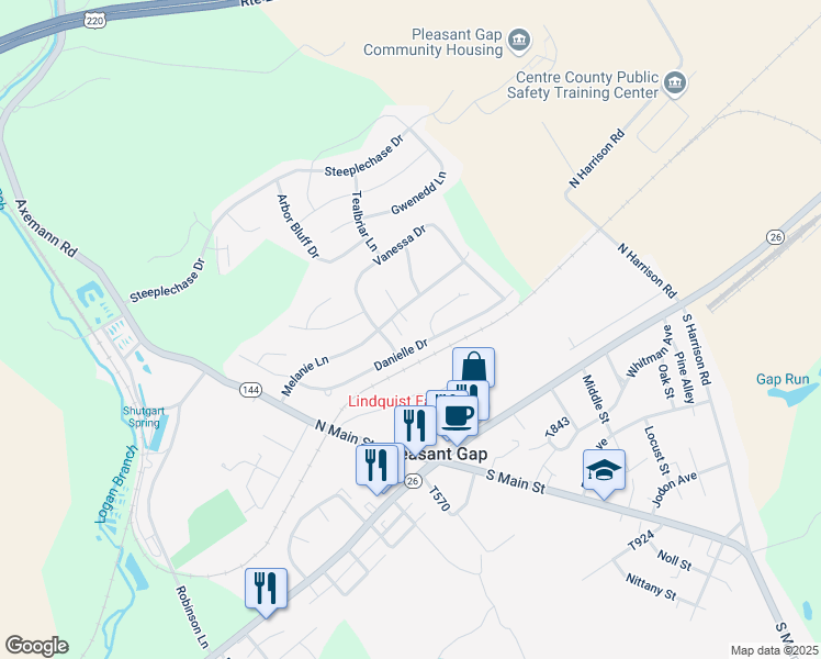 map of restaurants, bars, coffee shops, grocery stores, and more near 103 Amanda Court in Pleasant Gap