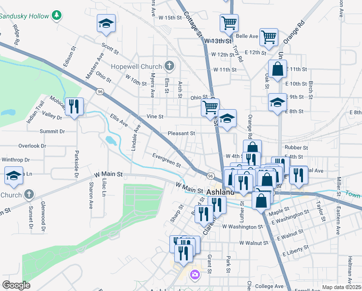 map of restaurants, bars, coffee shops, grocery stores, and more near 414 Perry Street in Ashland