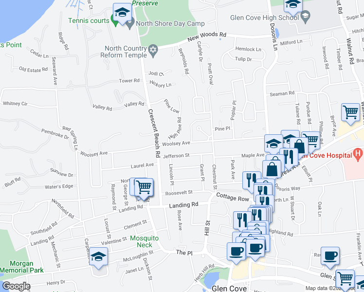 map of restaurants, bars, coffee shops, grocery stores, and more near 77 Woolsey Avenue in Glen Cove