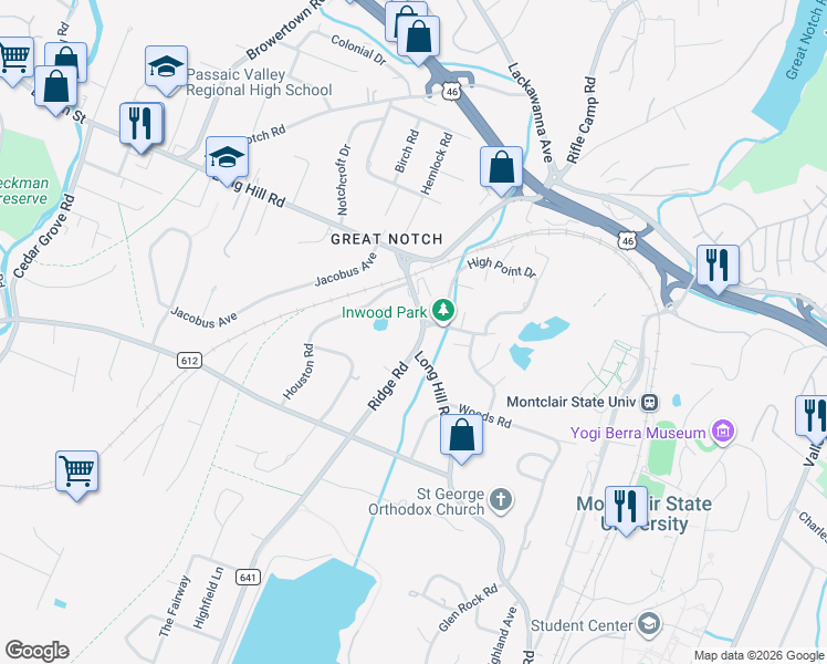 map of restaurants, bars, coffee shops, grocery stores, and more near 190 Long Hill Road in Little Falls