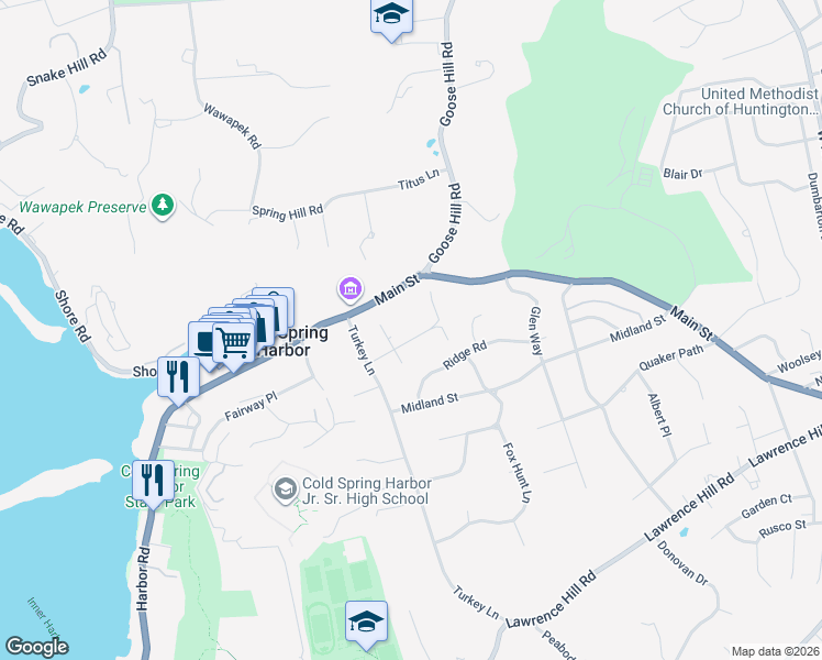 map of restaurants, bars, coffee shops, grocery stores, and more near 27 Grove Street in Cold Spring Harbor