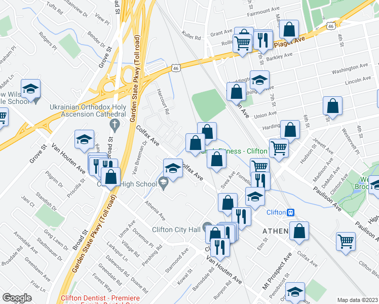 map of restaurants, bars, coffee shops, grocery stores, and more near 314 Colfax Avenue in Clifton