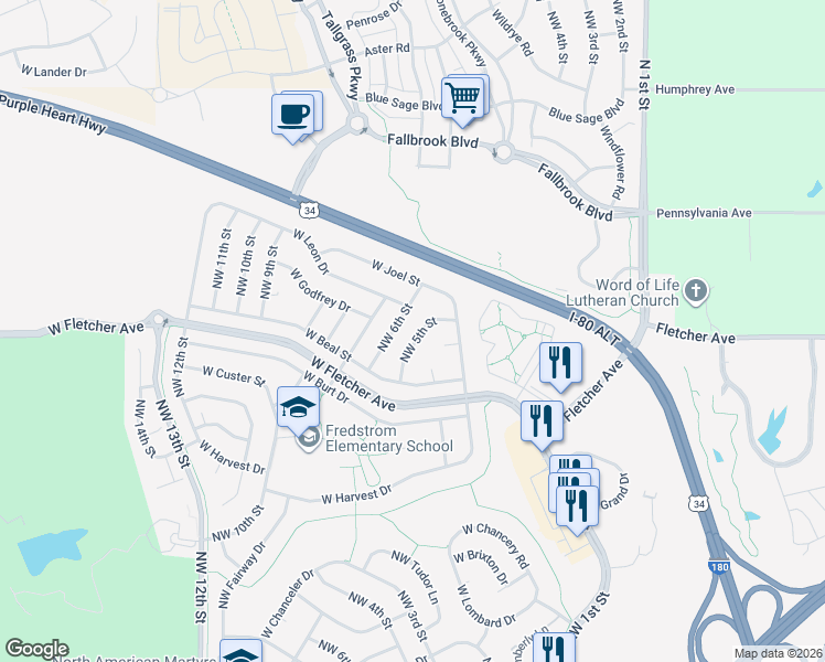 map of restaurants, bars, coffee shops, grocery stores, and more near 6207 Northwest 5th Street in Lincoln