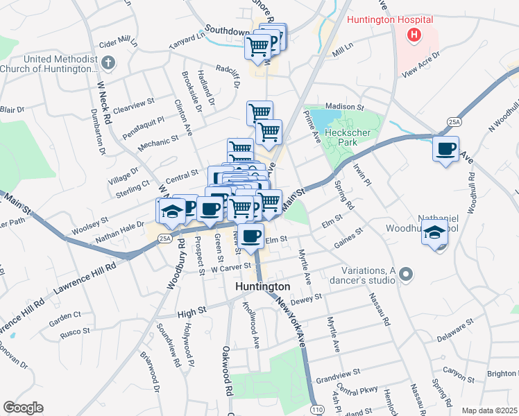 map of restaurants, bars, coffee shops, grocery stores, and more near 311 New York Avenue in Huntington