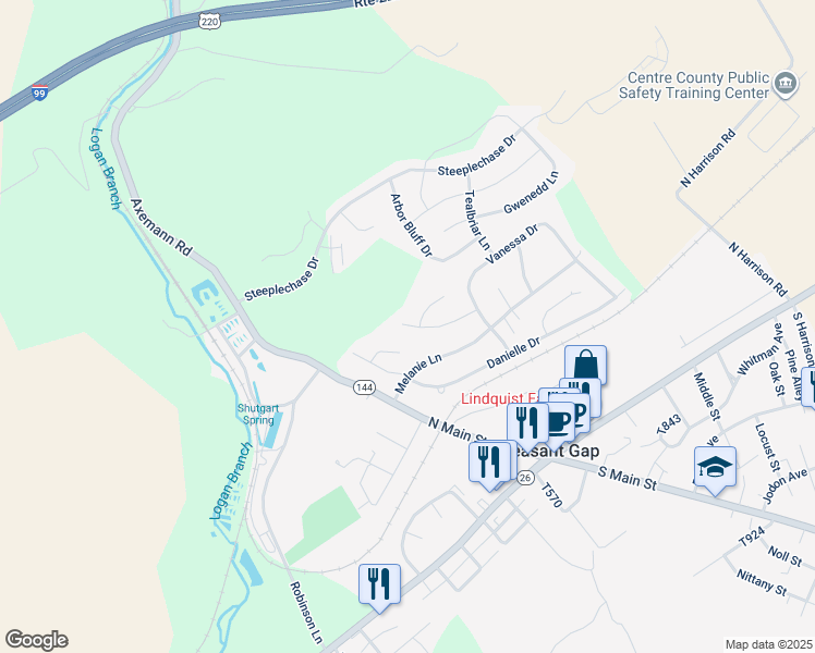 map of restaurants, bars, coffee shops, grocery stores, and more near 118 Patricia Lane in Bellefonte